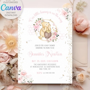 Editable Winnie the Pooh Birthday Invitation, Winnie Pooh Invitation, Girl First Birthday Digital File Template Instant Download Canva I1024