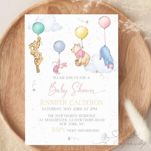 Winnie de Poeh Een beetje Hunny is onderweg BABY SHOWER Uitnodiging Pooh buik babyshower uitnodigingen roze ballon stof babyshower