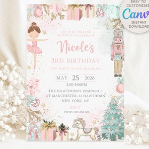May include: A pastel pink and gold birthday invitation with a ballerina, nutcracker, and horse illustrations. The invitation includes the text "Nicole's 3rd Birthday" and event details. The design is decorated with gift boxes, ornaments, and a Christmas tree.