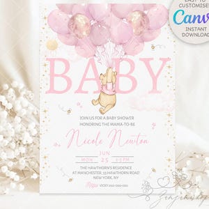 Winnie The Pooh Invitation, Winnie The Pooh Baby Shower Invitations, Winnie The Pooh Invitations for a girl, Winnie baby