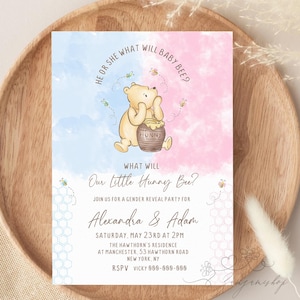 Editable Winnie the Pooh What Will Our Little Hunny Bee Gender Reveal Invitation Template Winnie Pooh & Friends Honeybee