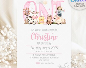 Editable pink Farm Birthday Invitation one, two, three, Farm Animals Birthday Invite, Girl Barnyard Birthday, Girl Farm I119