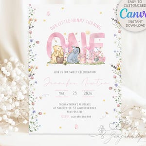 Editable Winnie the Pooh Birthday Invitation, Winnie Pooh Invitation, Girl First Birthday Digital File Template Instant Download Canva I137