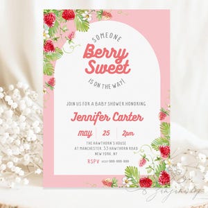 Editable Berry Sweet Baby Shower Invitation Printable, Strawberry Baby Shower Invitation, Berry Baby Shower Invite, Berry Sweet Baby