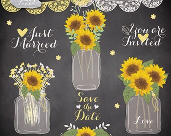 Sunflowers clipart, Wedding mason jar clipart, flower clipart, bridal clipart, yellow flower, summer, flower cliparts, rustic wedding