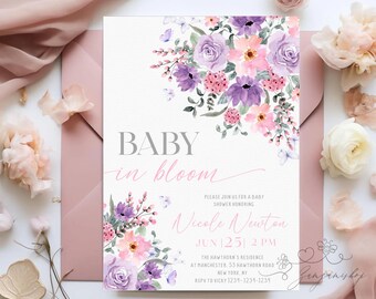 Invitación de Baby in Bloom, invitación de baby shower de mariposas para niña, invitación de flores silvestres con mariposas rosadas y moradas para imprimir en formato imprimible
