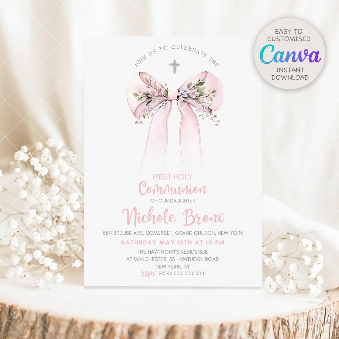Pink Bow First Holy Communion Invitation Template, Watercolor Floral ...