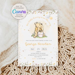 Winnie-the-pooh A Little Hunny is on the Way boy BABY SHOWER Invitation Pooh Tummy Baby Shower Invitations blue Leaves Gold Dust Baby Shower