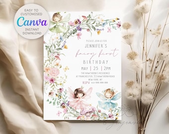 Faire-part premier anniversaire fée modifiable, invitation imprimable florale 1er anniversaire pastel doux, fête de thé jardin féerique fleurs sauvages