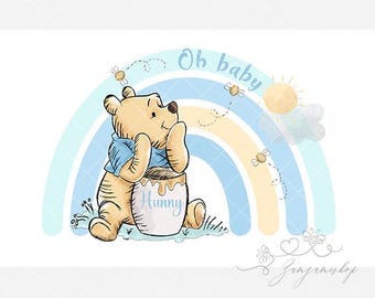 Baby Winnie the Pooh Regenbogen PNG, Winnie the Pooh Sublimationsdesign, blaue Dusche Design, Wildblume, Baby Aquarell png, Instant Download