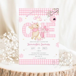 Editable Winnie the Pooh Birthday Invitation, Winnie Pooh Invitation, pink Girls First Birthday Digital File Template Instant Download Canva