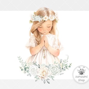 Erste heilige Kommunion Kranz PNG, Mädchen 1. Kommunion Sublimation Design, Eukalyptus Blumenkranz, Bibel, Beten, sofortiger digitaler Download