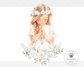 First Holy Communion Wreath PNG, Girls 1st Communion Sublimation Design, Eucalyptus Floral Wreath, Bible, Praying, Instant Digital Download