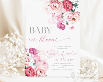 Invitación de Baby Shower con Mariposas, Invitación para Baby Shower con Mariposas Rosas y Moradas, Invitación Imprimible de Baby Shower con Mariposas