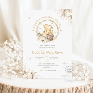 Winnie-the-pooh A Little Hunny is on the Way BABY SHOWER Invitation Pooh Tummy Baby Shower Invitations gold Leaves Gold Dust Baby Shower