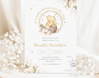 Winnie-the-pooh A Little Hunny is on the Way BABY SHOWER Invitation Pooh Tummy Baby Shower Invitations gold Leaves Gold Dust Baby Shower