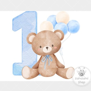 Palloncini blu orsetto 1° compleanno PNG, design di sublimazione per il primo compleanno, Blue One, primo compleanno dei bambini, download digitale istantaneo