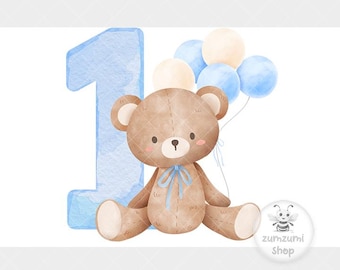 Teddy Bear Blue Balloon 1st Birthday PNG, First Birthday Sublimation ...
