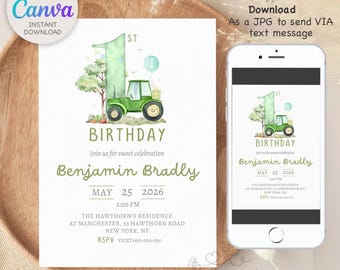 Editable Tractor Birthday invitation, Green Tractor Invitation, any age, 1st birthday, Farm birthday, tractor invite download Canva