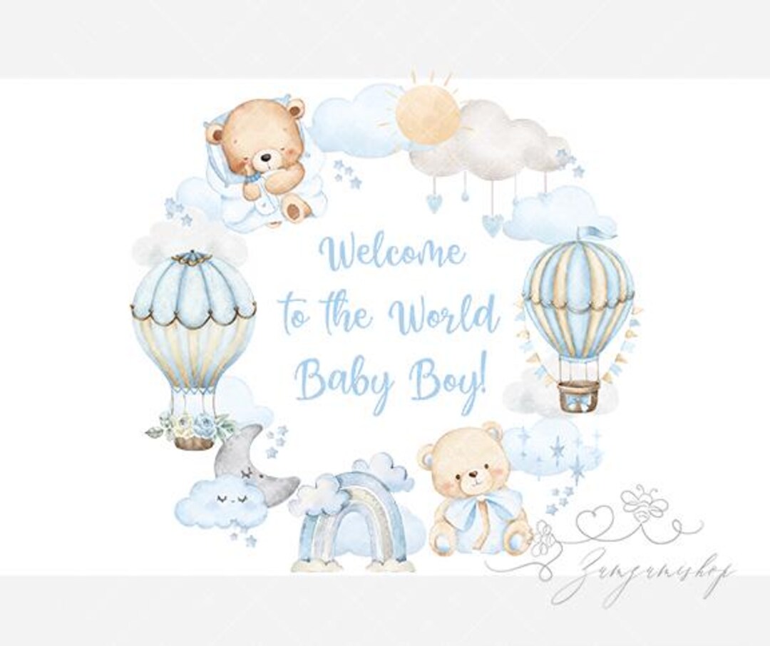 Blue Hot Air Balloon Teddy Bear PNG, Welcome to the World Baby Boy ...