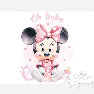 K&ouml;nnte beinhalten: Aquarell-Illustration von Minnie Mouse in einem rosa gepunkteten Kleid und Schleife, mit dem Text "Oh baby". Sie ist von Baby-Accessoires umgeben, darunter eine L&auml;tzchen, ein Block und eine Flasche.