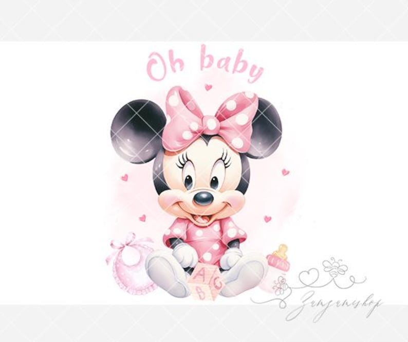 K&ouml;nnte beinhalten: Aquarell-Illustration von Minnie Mouse in einem rosa gepunkteten Kleid und Schleife, mit dem Text "Oh baby". Sie ist von Baby-Accessoires umgeben, darunter eine L&auml;tzchen, ein Block und eine Flasche.