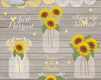 Sunflowers clipart, Wedding mason jar clipart, flower clipart, bridal clipart, yellow flower, summer, flower cliparts, rustic wedding