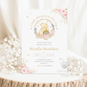 Winnie-the-pooh A Little Hunny is on the Way BABY SHOWER Invitation Pooh Tummy Baby Shower Invitations gold Leaves Pink Dust Baby Shower