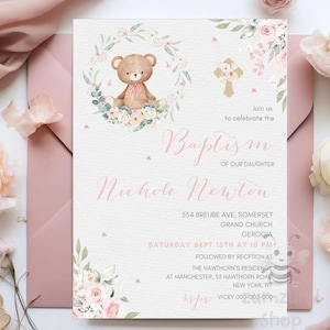Girls Baptism Invitation Template, Pink Wildflower Baptism, Printable Baptism Invite, Instant Download, Baby Christening Invitation