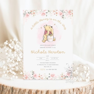 Winnie de Poeh A Little Hunny is onderweg BABY SHOWER Uitnodiging Pooh buik babyshower uitnodigingen roze bladeren goud stof babyshower