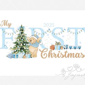 Blue Winnie the Pooh My First Christmas PNG, Christmas Baby PNG, 1st Christmas, Winnie the Pooh Christmas, Christmas Bag, Instant download