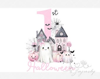 Meu Primeiro Halloween Rosa PNG, Design de Clipart de Halloween para Sublimação, Camiseta de Bebê do Primeiro Halloween, Sacola de Guloseimas de Halloween, Download Digital Instantâneo