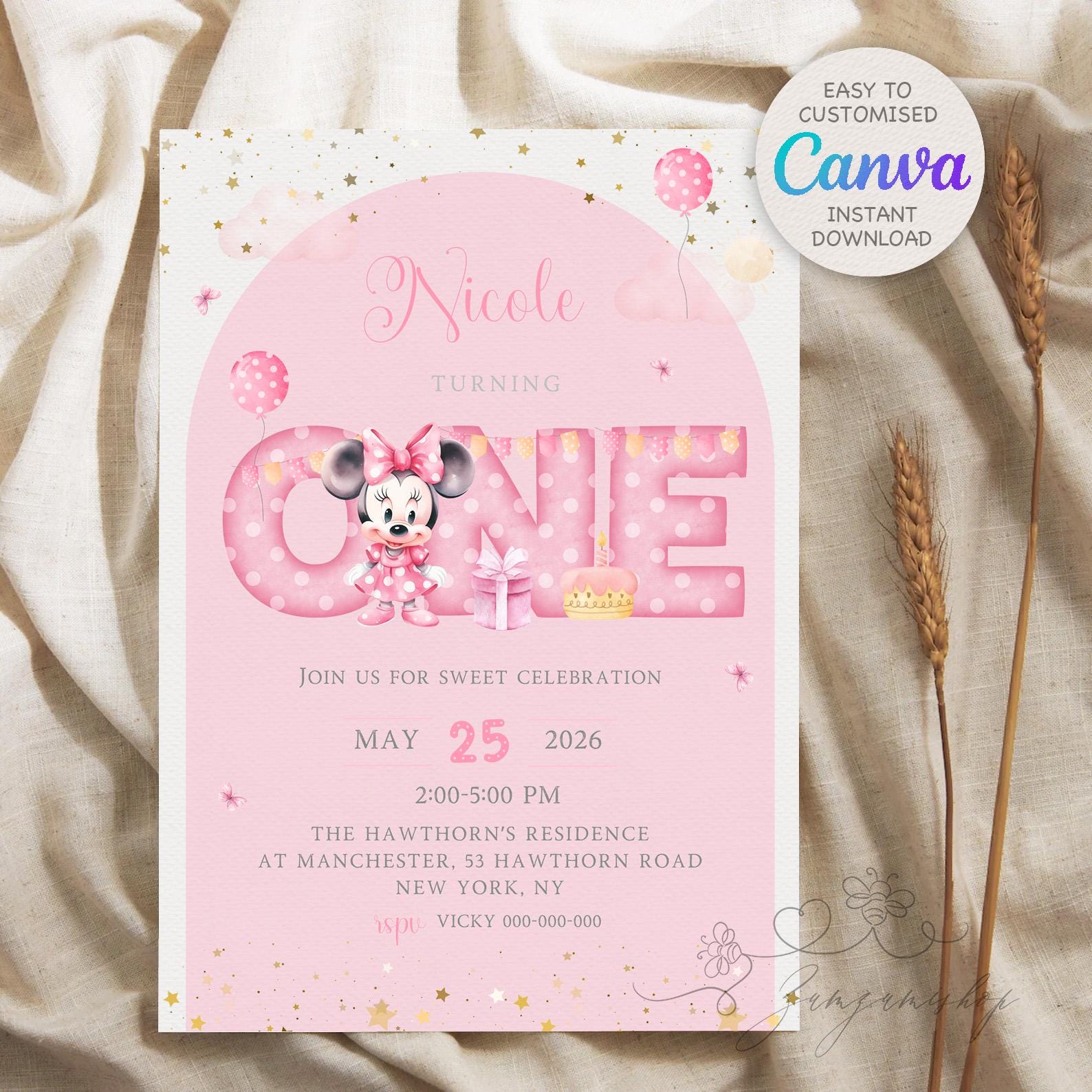 Minimalist Editable Minnie Mouse Birthday Invite, Girls Birthday, Cute ...