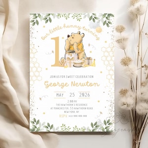 Editable Winnie the Pooh Birthday Gold Invitation, Winnie Pooh Invitation, Girls First Birthday Digital File Template Instant Download Canva