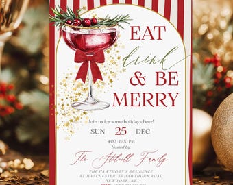 Eat Drink and Be Merry Christmas Party Invitation Template, Printable Invite, Holiday Party, Cocktail