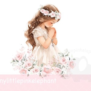 Delicato rosario rosa tenue Prima Comunione Bambina Comunione PNG, Bambina in preghiera Prima Comunione, Download immediato