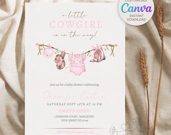 Cowgirl Baby Shower Einladung Vorlage, Ein kleines Cowgirl ist auf dem Weg einladen, Cowgirl Wäscheleine Baby Shower, Dusty Pink Wild Western