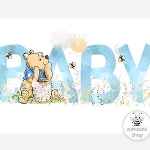 Bébé Winnie l'ourson PNG, design en sublimation Winnie l'ourson, design bleu douche, fleurs sauvages, aquarelle bébé png, téléchargement immédiat