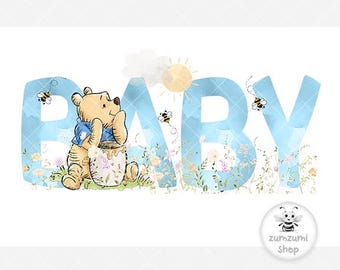 Baby Winnie the Pooh PNG, Winnie the Pooh Sublimationsdesign, blaues Dusche Design, Wildblume, Baby Aquarell png, sofortiger digitaler Download