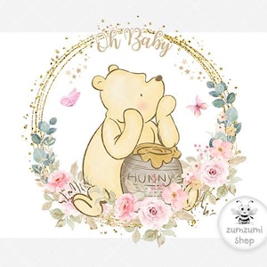 Corona floral clásica de Winnie Pooh Oh Baby en rosa natural PNG, sublimación de Winnie Pooh para baby shower, tarro de miel de Pooh, descarga instantánea