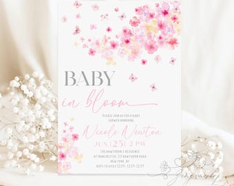 Invitación de Baby in Bloom, invitación de baby shower de mariposas para niña, invitación de flores silvestres con mariposas rosadas y moradas para imprimir en formato imprimible