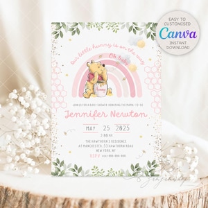 Winnie-the-pooh A Little Hunny is on the Way BABY SHOWER Invitation Pooh Tummy Baby Shower Invitations Pink Leaves Gold Dust Baby Shower