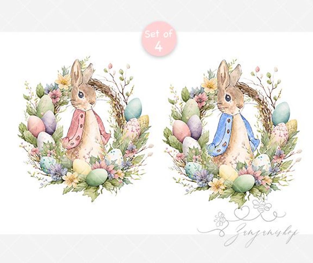 Set of 4 Peter Rabbit Happy Easter Bunny Wreath Designs, Blue & Pink ...