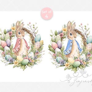 May include: Watercolor illustration of two bunnies wearing jackets, each surrounded by a wreath of flowers and Easter eggs. One bunny wears a pink jacket, the other a blue jacket. The image has a soft, pastel color palette, perfect for Easter decor.