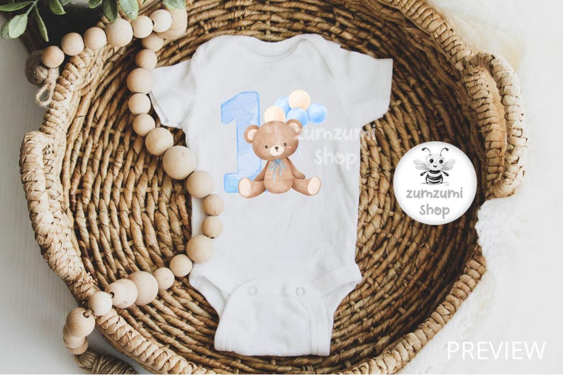 Teddy Bear Blue Balloons 1st Birthday PNG, First Birthday Sublimation ...