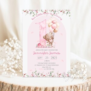 Editable Bear pink flying ballon Birthday Invitation, 1st Invitation, pink Girls First Birthday Digital File Template Instant Download Canva