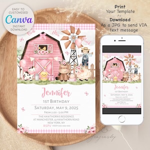 Editable pink Farm Birthday Invitation, Farm Animals Birthday Invite, Girl Barnyard Birthday, Girl Farm, Floral Barnyard Animals I107