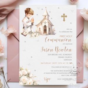 Plantilla de invitación para primera comunión de niño, diseño de flores silvestres rosas, imprimible, descarga instantánea, editable.