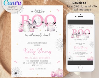 Little Boo Baby Shower Invitation Pink Ghost, Girl Baby Shower, Halloween Pink Ghost, Halloween Baby Shower, Pink Ghost Invitation