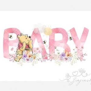 Bebé Winnie the Pooh PNG, diseño de sublimación de Winnie the Pooh, diseño de ducha rosa, flores silvestres, bebé acuarela PNG, descarga digital instantánea